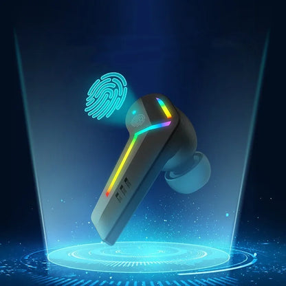 Small black Bluetooth headset with earplug design showing 15m range and low latency for gaming