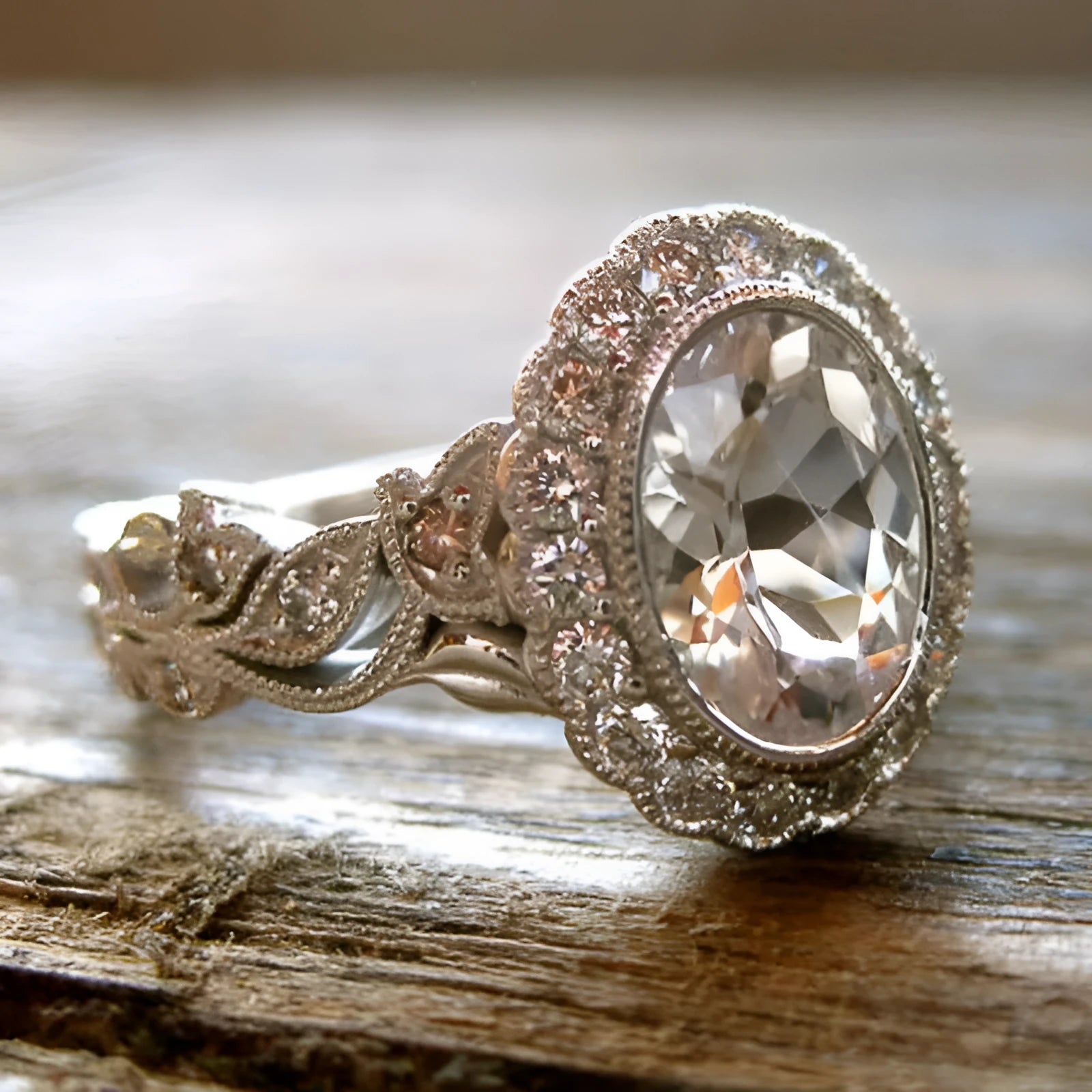Geometric copper ring with round zircon stone in white gold colour plating.