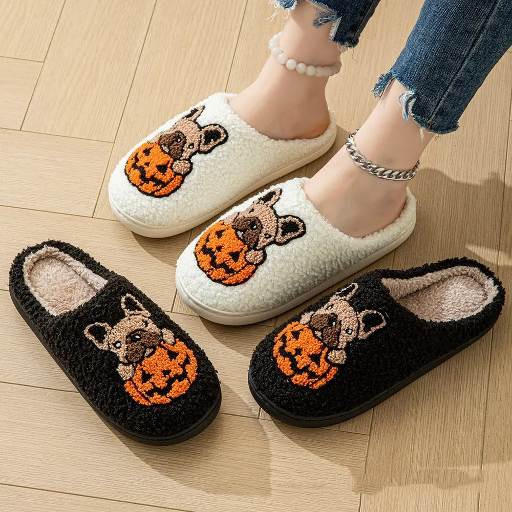 Halloween pumpkin house pattern slippers with non-slip rubber soles in black and white colour options