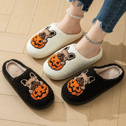 Halloween pumpkin house pattern slippers with non-slip rubber soles in black and white colour options