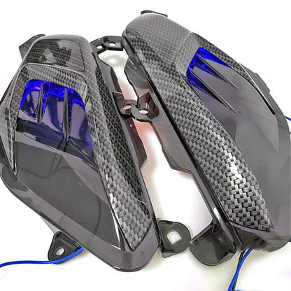 NMAX155 side lamp with LED carbon fibre decoration showing blue light option and ABS construction
