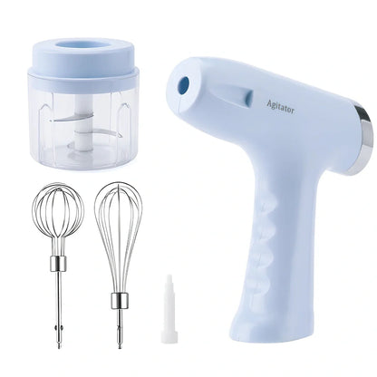 Pink electric whisk with stainless steel beaters showing 5-speed dial and compact 12cm housing