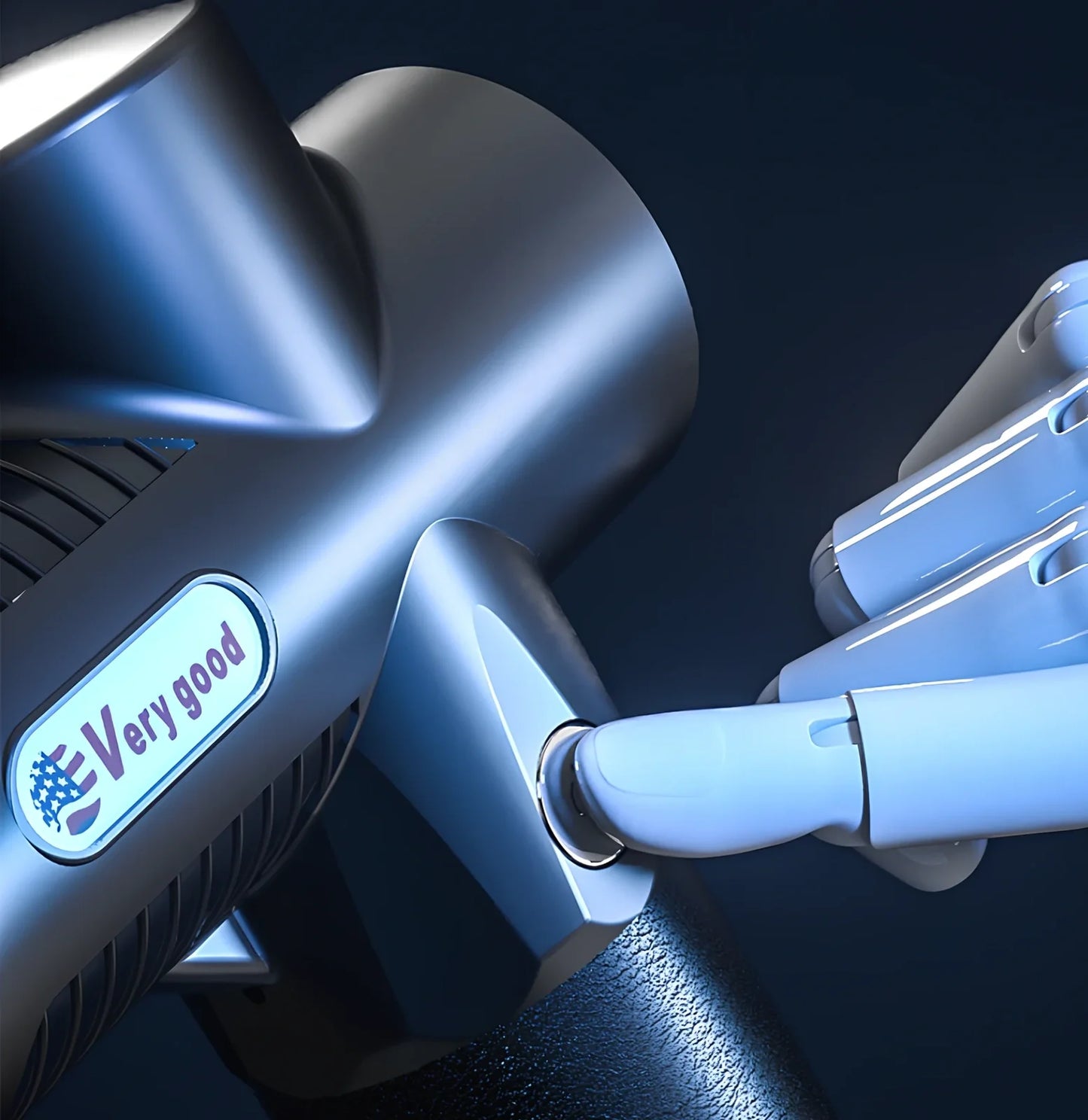 Black portable fascia massage gun with USB charging port and compact 23cm design for muscle recovery