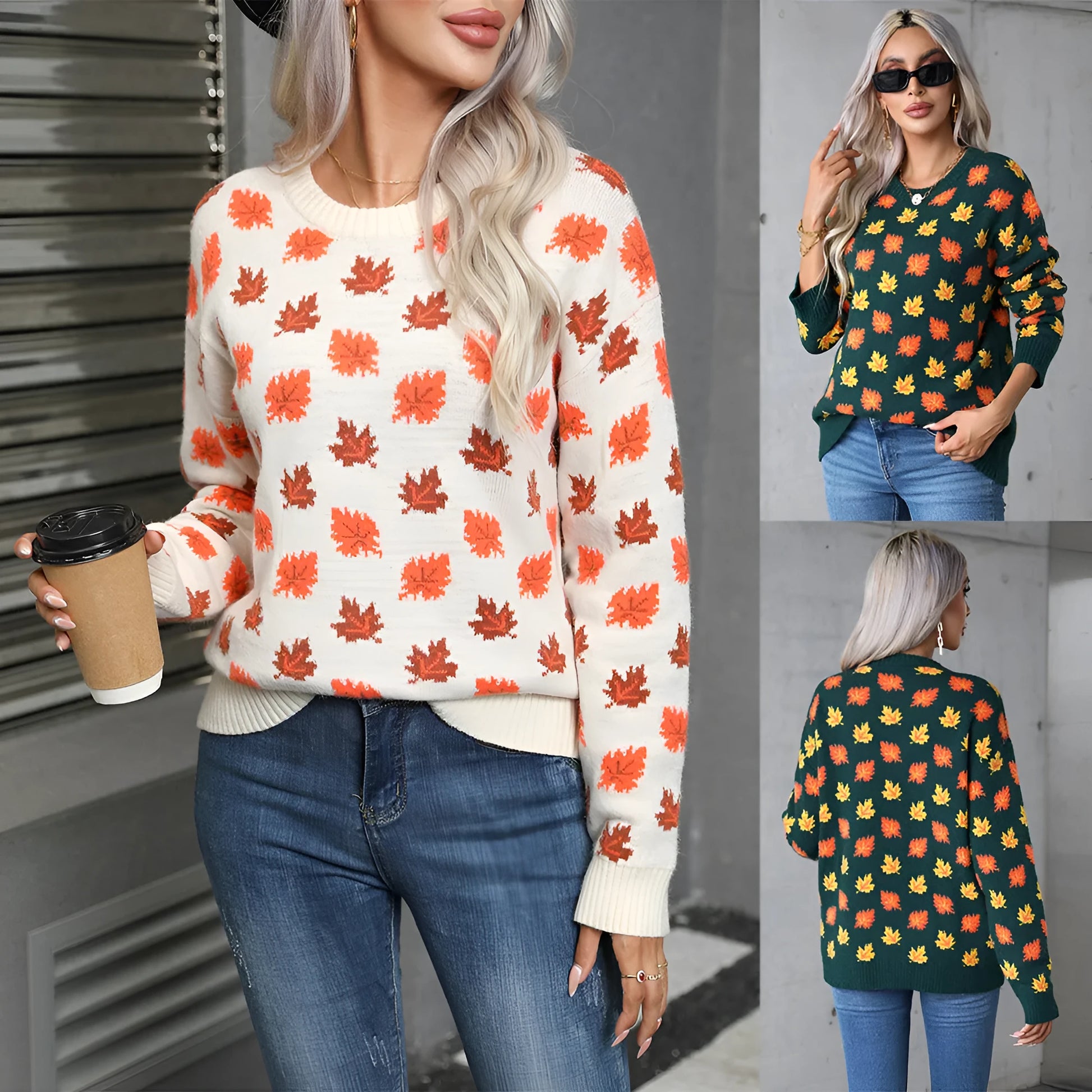 Beige and dark green Christmas sweater with maple leaf design, round neck, and loose fit