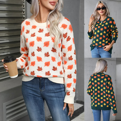 Beige and dark green Christmas sweater with maple leaf design, round neck, and loose fit