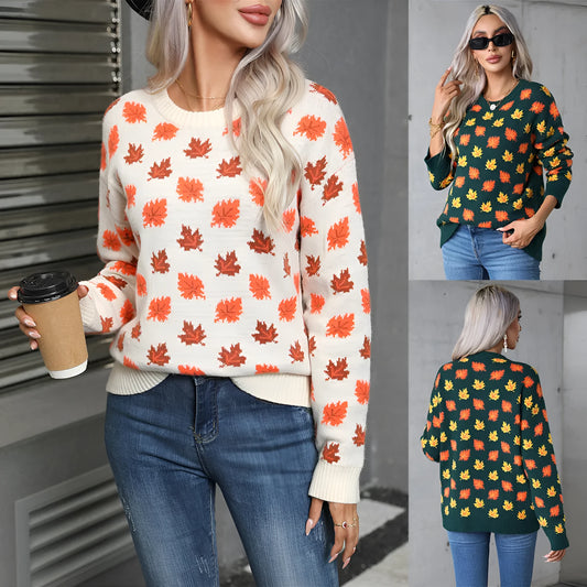 Beige and dark green Christmas sweater with maple leaf design, round neck, and loose fit