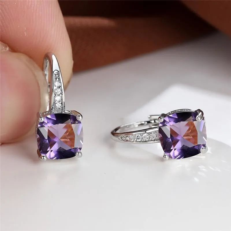 Square zircon inlaid ear hook earrings with geometric design and electroplated finish in golden tone