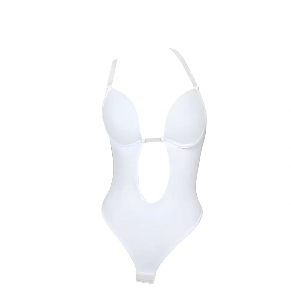 Black spandex body shaping dress with deep V back design and stomach compression