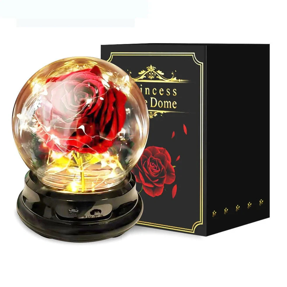 Handmade red velvet rose in eternal preservation inside 20 cm glass lantern with warm 300-lumen lamp for home decor