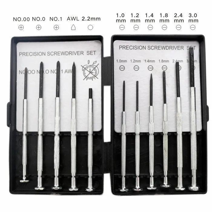TH6177 11-piece clock screwdriver set with crosshead and flathead tools on a white background.