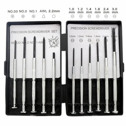 TH6177 11-piece clock screwdriver set with crosshead and flathead tools on a white background.