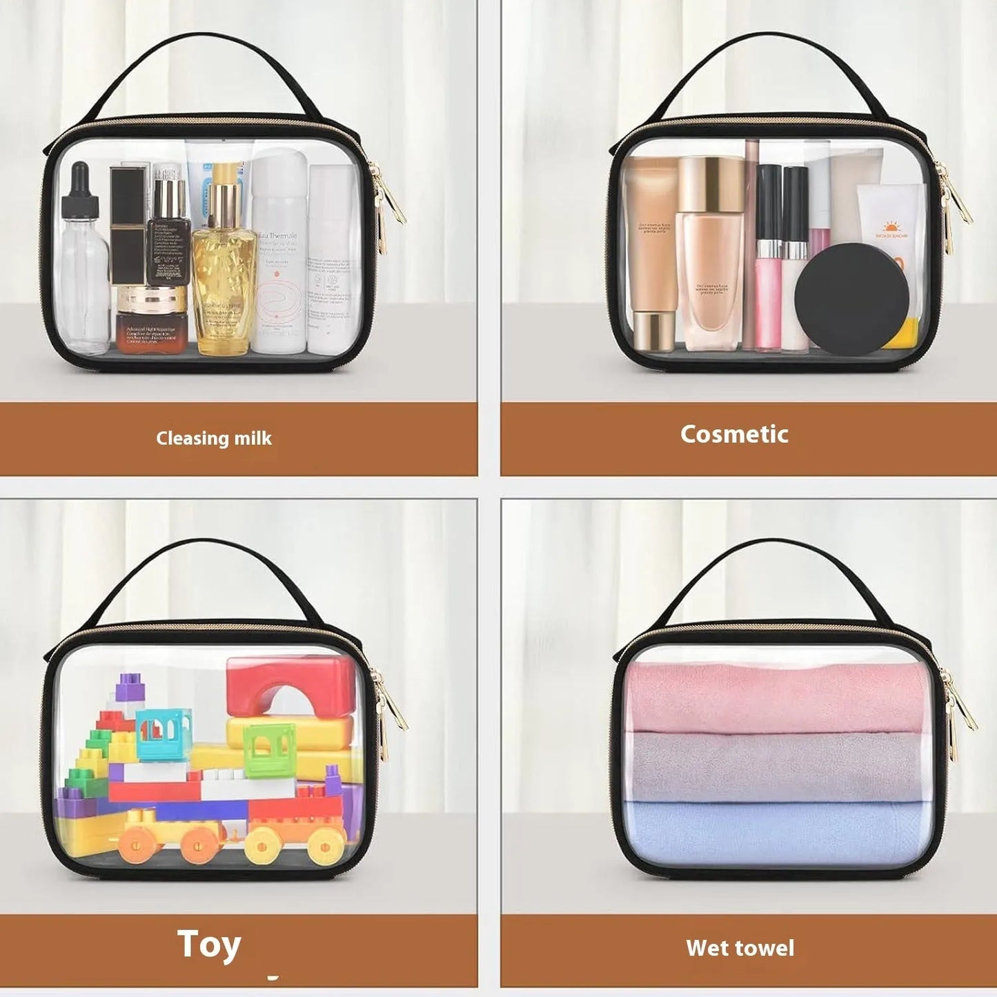 Transparent PVC lipstick storage wash bag with detachable chain showing cosmetic organisation