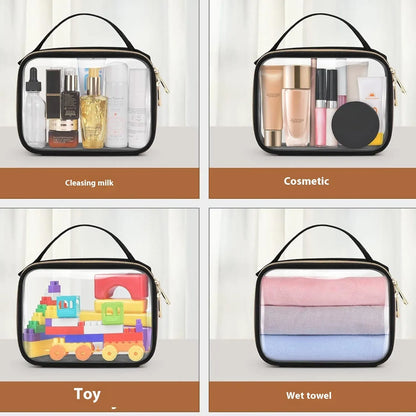 Transparent PVC lipstick storage wash bag with detachable chain showing cosmetic organisation