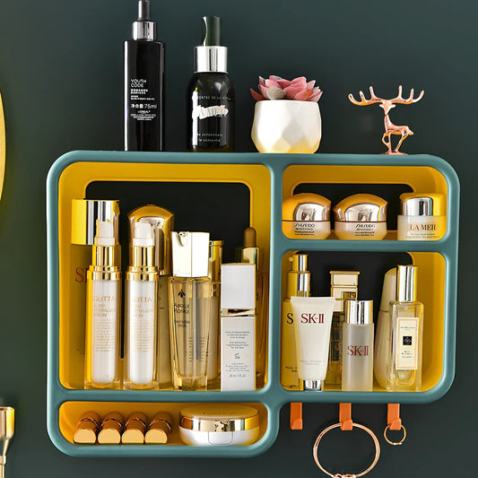 White wall-mounted cosmetics storage shelf measuring 36.2x27.2cm with dust-proof design