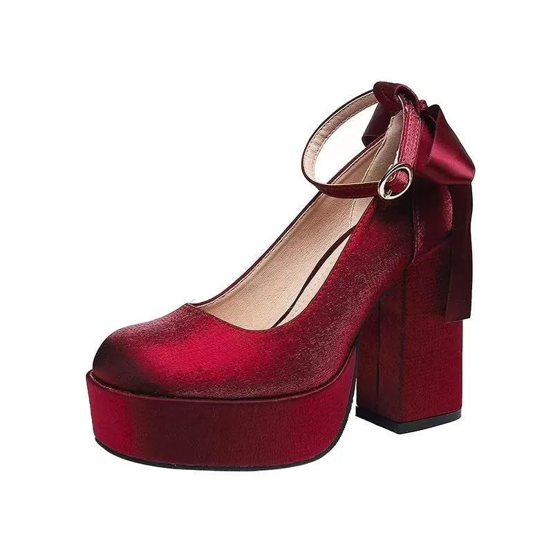 Women's waterproof platform wedding shoes with thick chunky heels in wine red colour with buckle detail