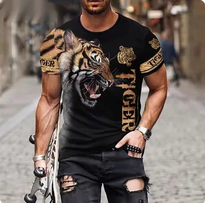 Men's black t-shirt with a fierce lion face 3D graphic print on the front.