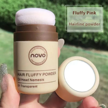 Mattifying oil control face powder container for hair bangs and hairline.