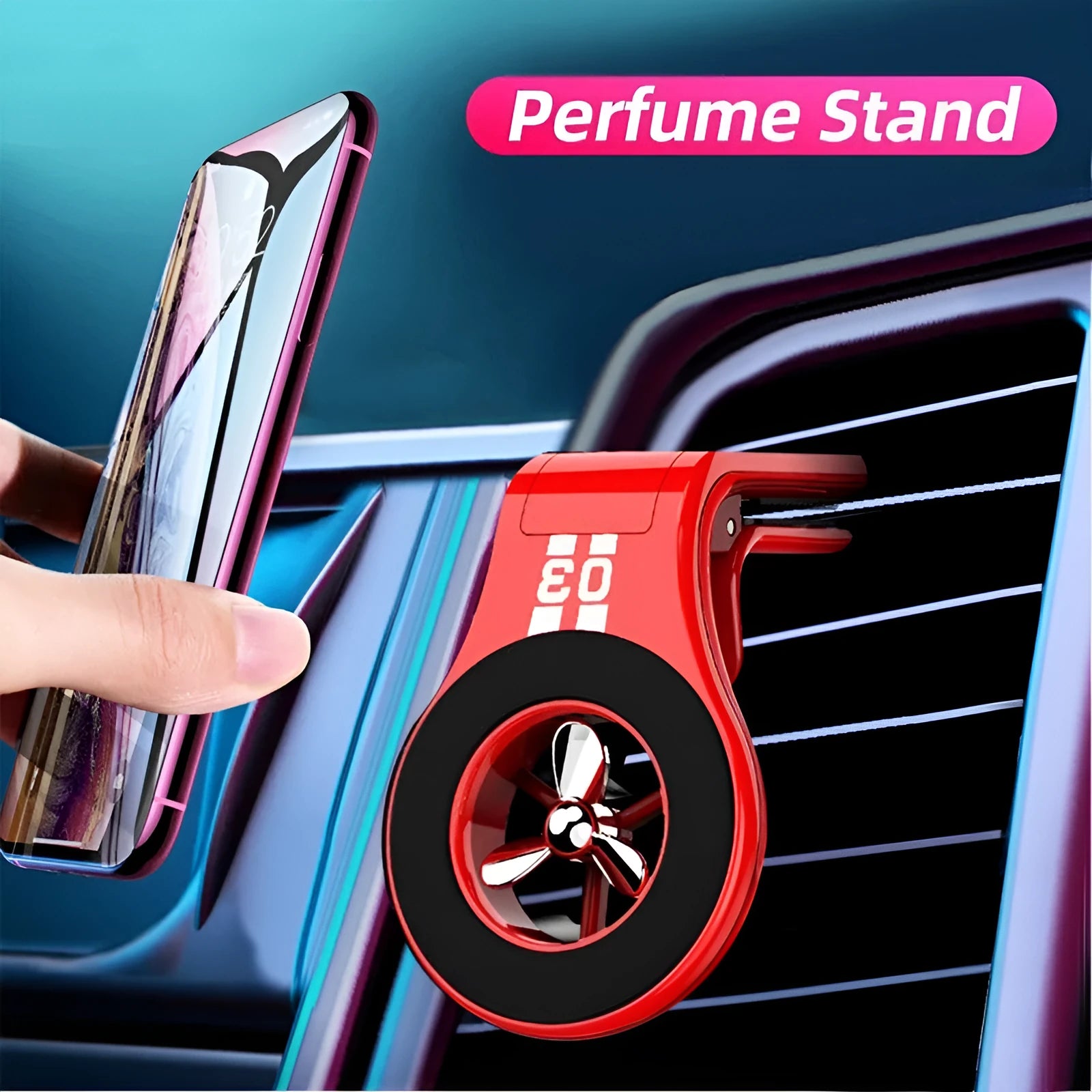 Black magnetic car phone holder attached to air vent with smartphone mounted and fragrance slices visible