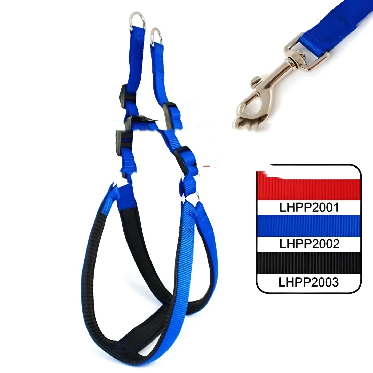 Nylon dog harness with soft foam lining in blue, black or red colours