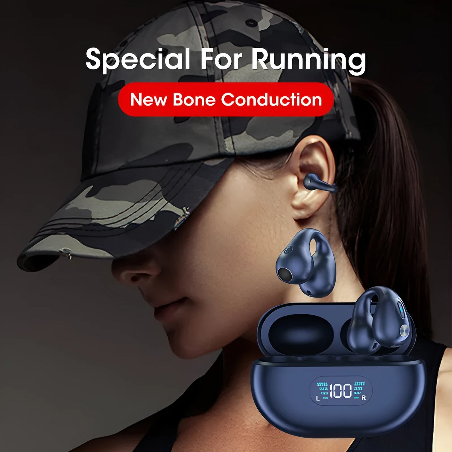 Bone conduction Bluetooth headset clip in black resting on ear with charging cable