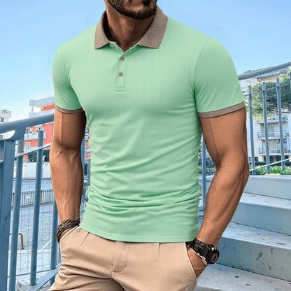 Summer polo shirt in ice silk fabric with printed flocking design on front, short sleeves