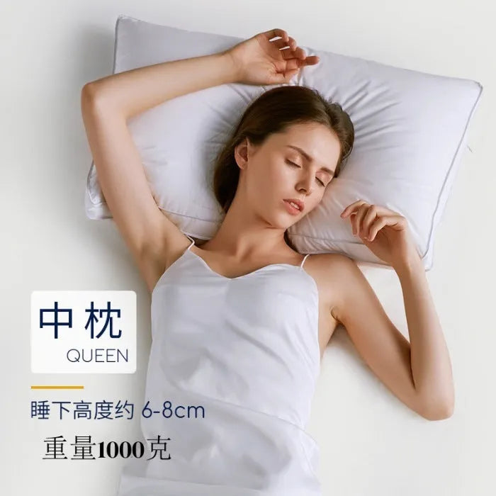 White cotton satin stripe pillow with feather-cotton filler in 900g, 1000g, or 1100g weights and 45x65cm, 48x74cm, 50x80cm sizes
