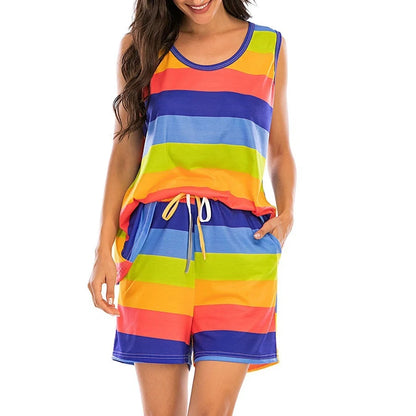 Women's rainbow stripes short sleeve pajama set for night lounge and sleep