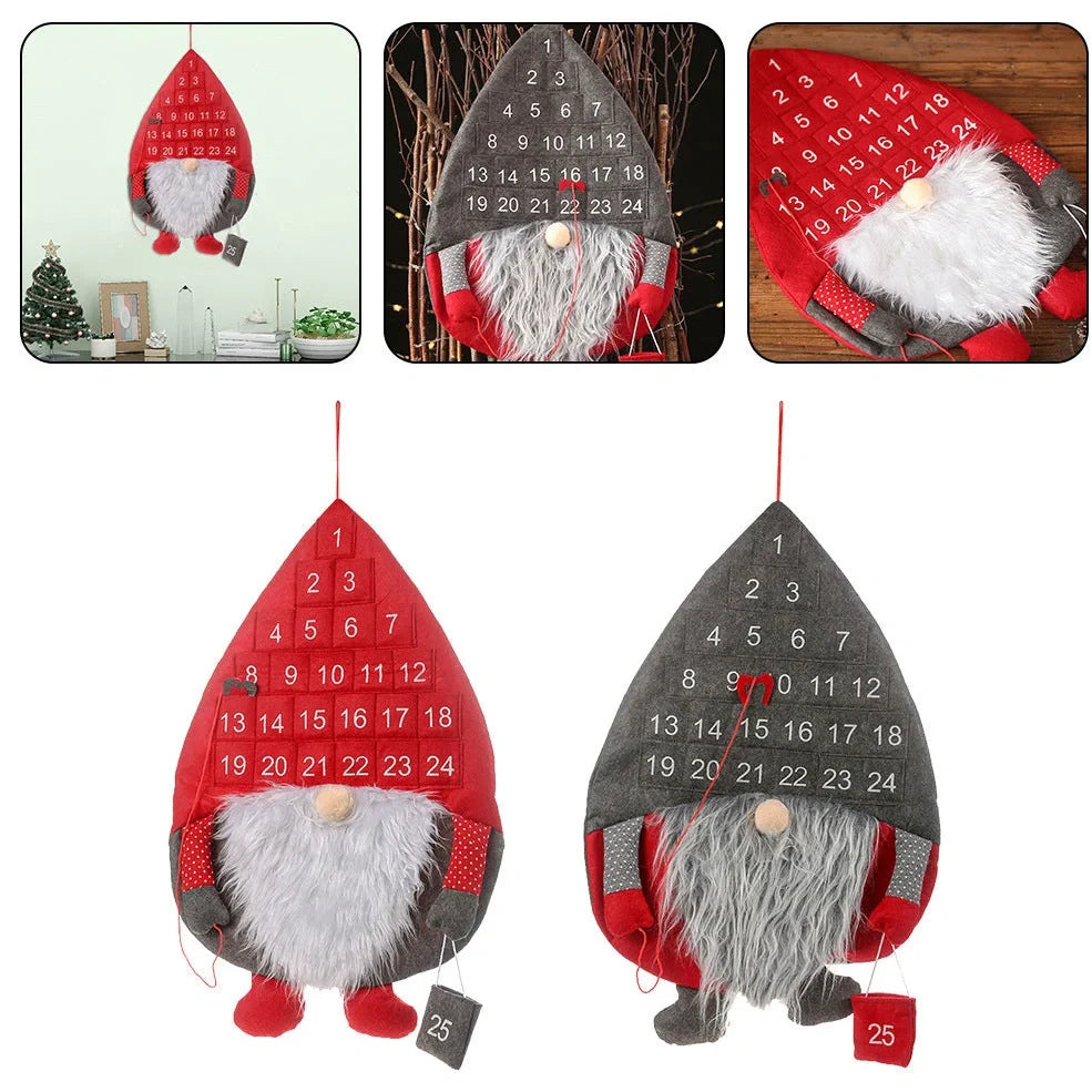 Red Santa Claus faceless advent calendar with 24 pockets hanging on wall