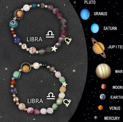 Two natural stone beaded bracelets with zodiac sign charms on adjustable knotted cords