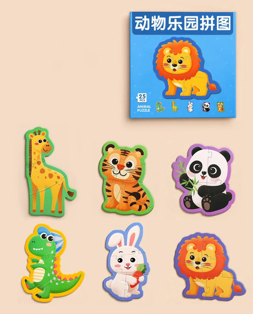 Five educational puzzle boxes for infants with animal, fruit, farm, transportation, and profession themes
