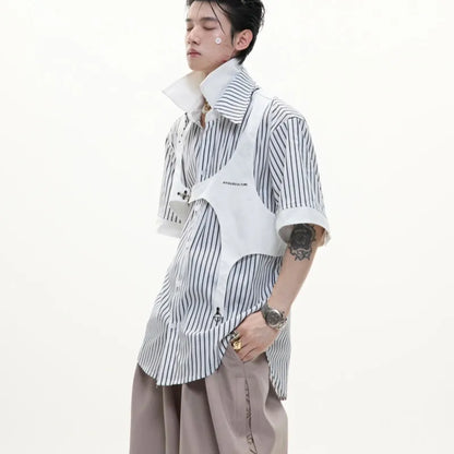 Men's black and white striped shirt with double collar design and short sleeves