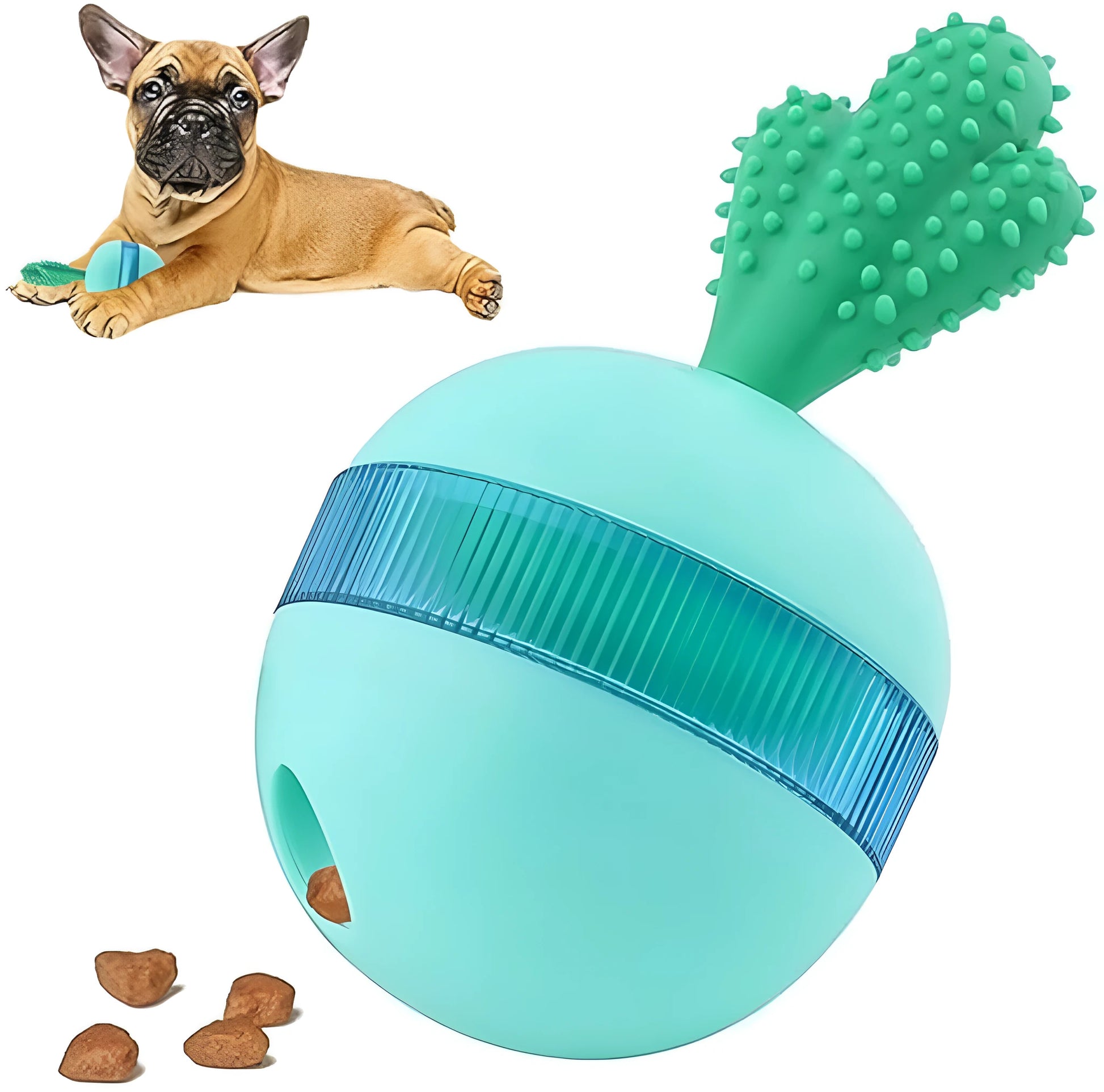 Blue interactive dog toy with tumbler design and treat dispensing holes, measuring 8.8cm for medium to large dogs