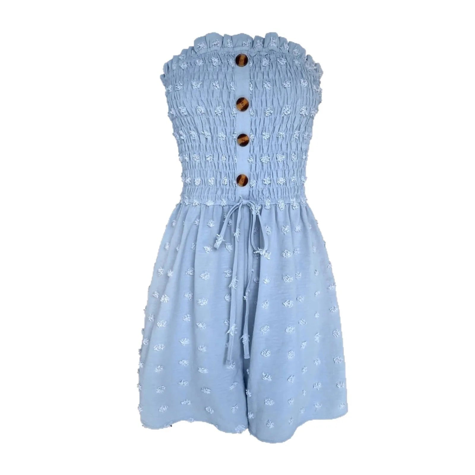 Women's off-shoulder sleeveless jumpsuit in polyester fabric with button detailing and mid-waist design