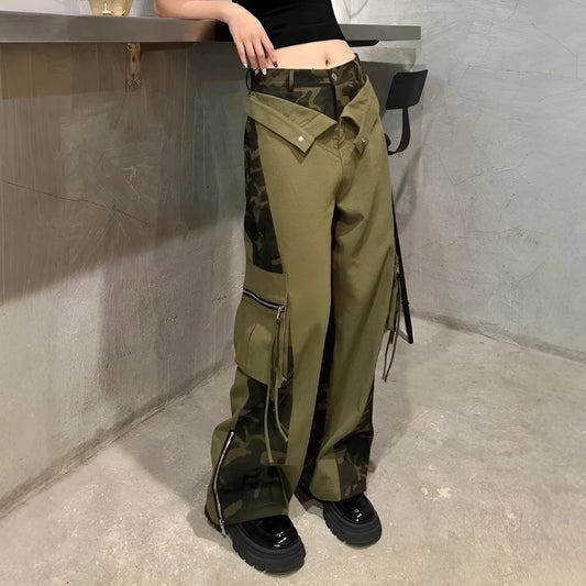 Dark khaki leopard print high waist straight leg jeans with faux stitching tooling design