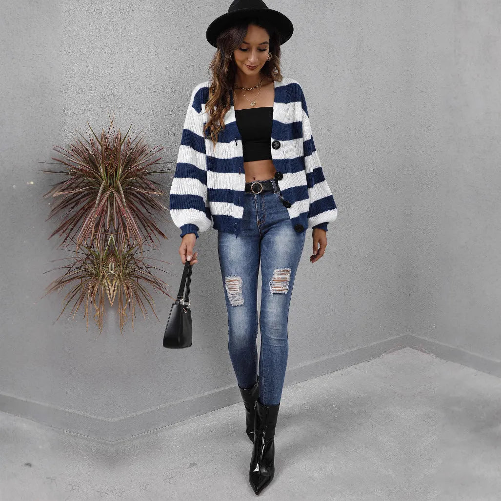 Women's deer plush cardigan with striped pattern and button stitching in blue colour