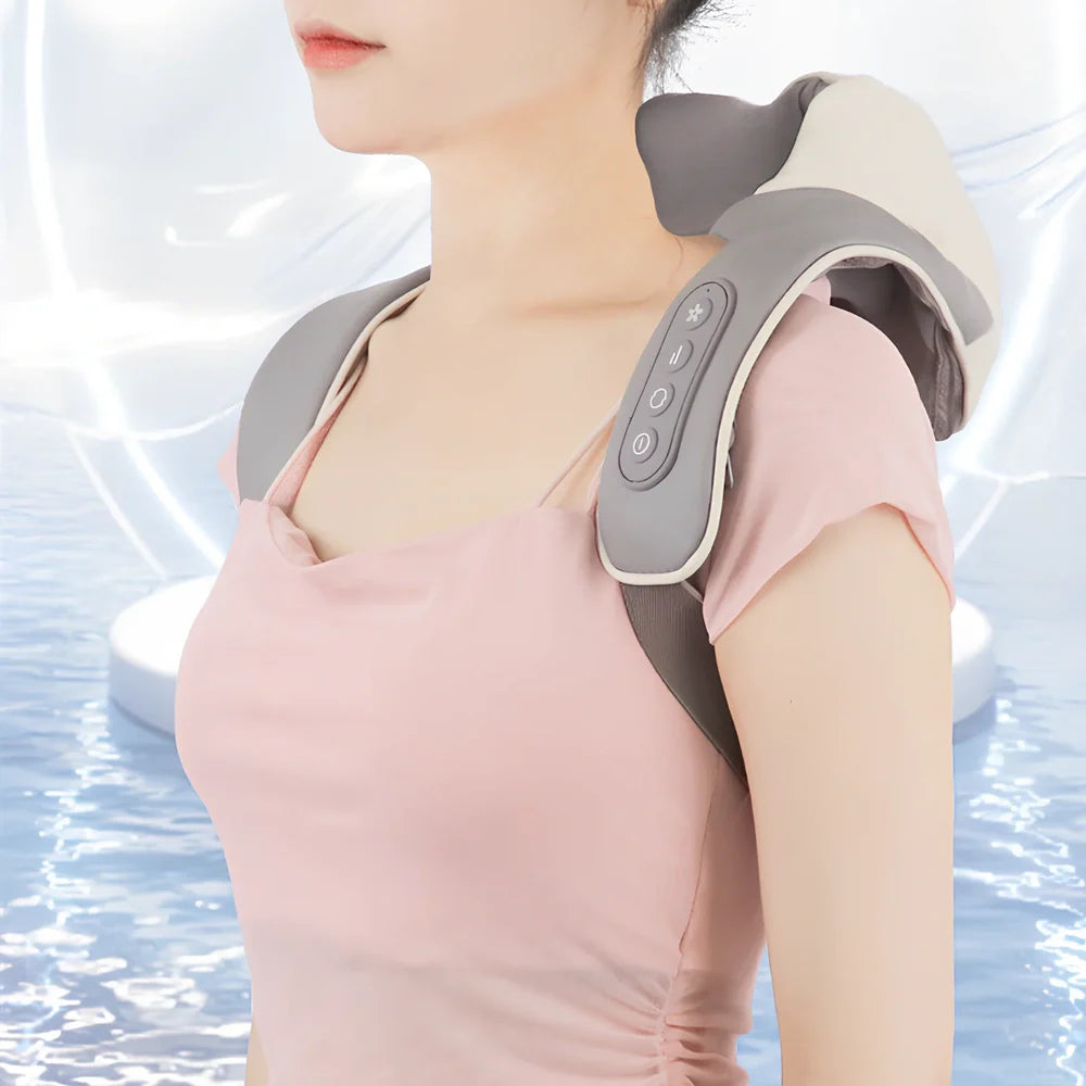 White and grey electric shoulder massager strap with adjustable length showing massage nodes and control button