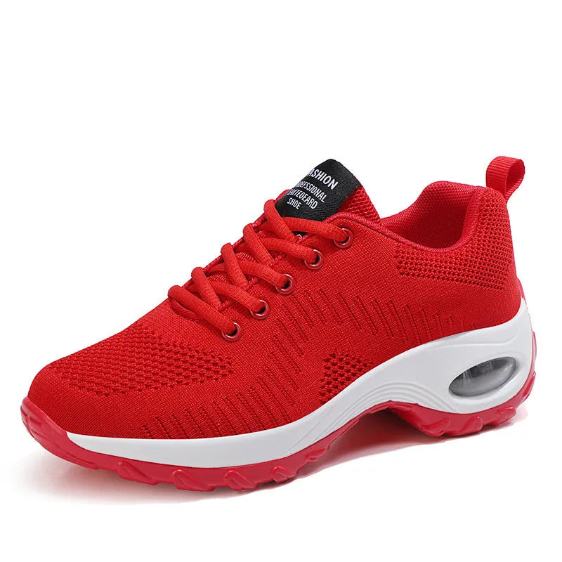 Women's red and black mesh sneakers with round toe, front lace-up, and 3-5cm mid heel on PU sole
