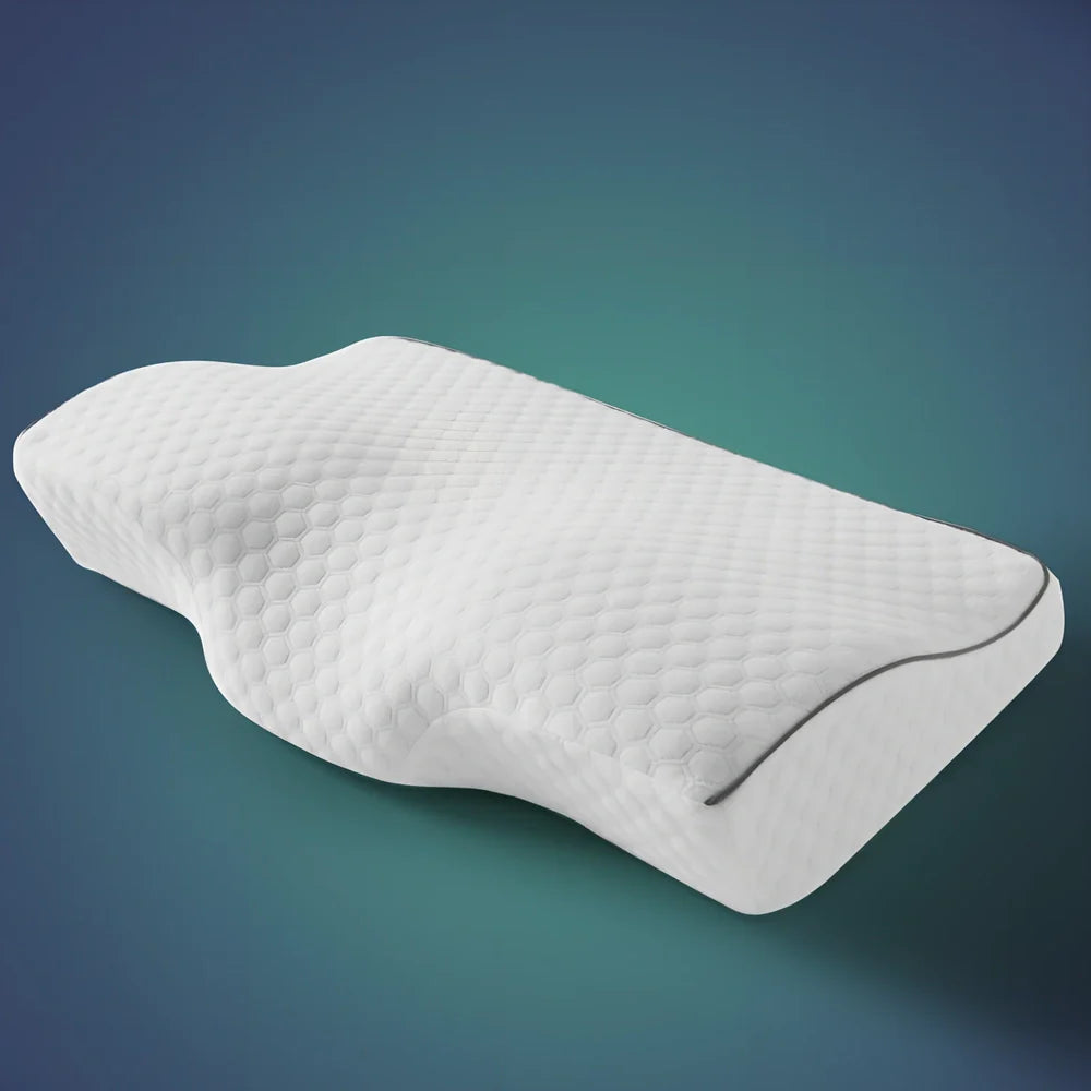 White jacquard orthopedic neck pillow with contoured memory foam for cervical support