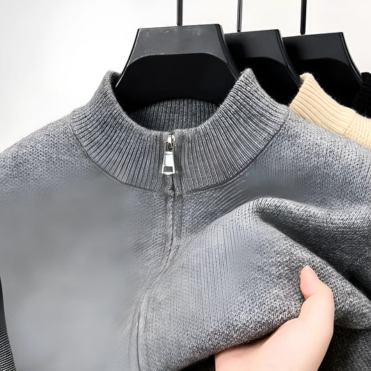Men's black stand collar knitted cardigan with zipper front in loose fit thickened construction
