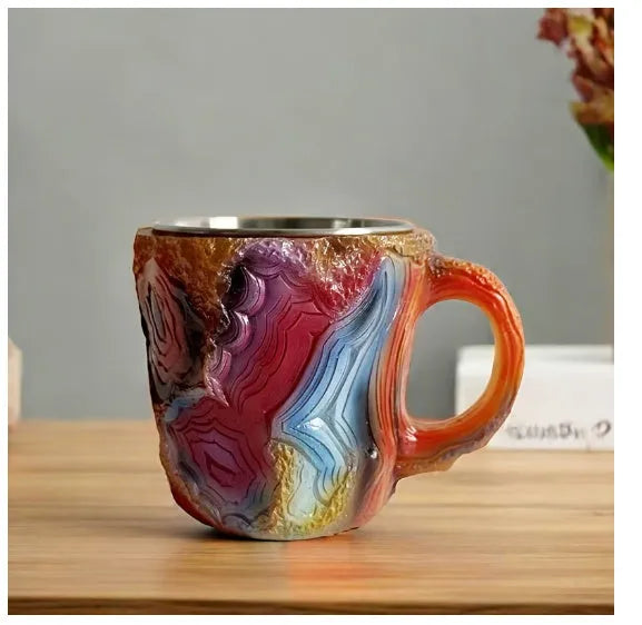 400ml resin mineral crystal coffee mug with handle in assorted colours including purple, blue, and pink.