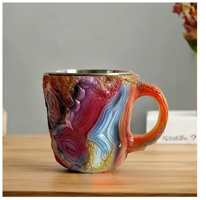 400ml resin mineral crystal coffee mug with handle in assorted colours including purple, blue, and pink.