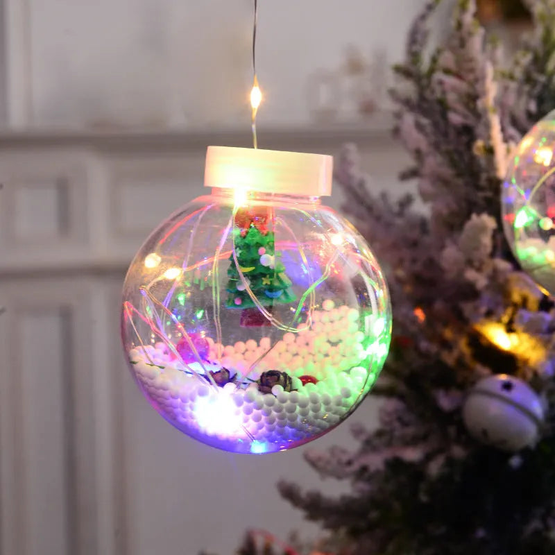Christmas curtain light set with 10 fairy ball lamps showing snowman, wishing ball and Christmas tree designs