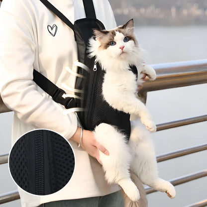 A small dog in a front-worn nylon carrier backpack with mesh panels, adjustable straps and side zips.