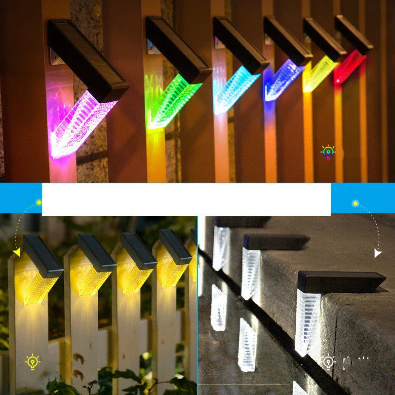 Solar-powered outdoor stair lights with warm and color-changing illumination, suitable for decks, fences, and yards