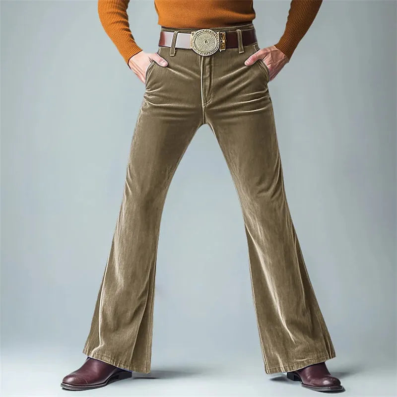 Men's velvet slim flared suit trousers in seven colours including black, dark red, green, blue, khaki, brown and yellow