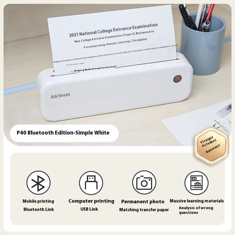 Ailixiong P40 small portable thermal printer in Tiffany Blue or White colour on a desk.