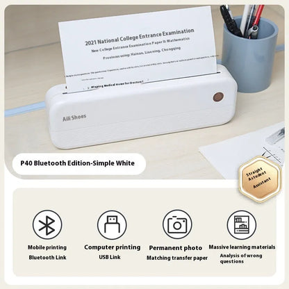 Ailixiong P40 small portable thermal printer in Tiffany Blue or White colour on a desk.
