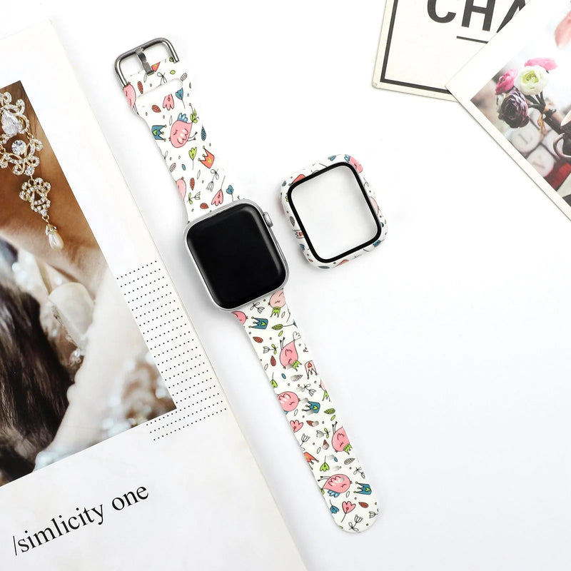 Silicone watch strap compatible with Apple Watch 1-6 and SE models in printed fashion designs, available in 38mm, 40mm, 42mm and 44mm sizes with lightweight 15g construction for customisable style replacement bands