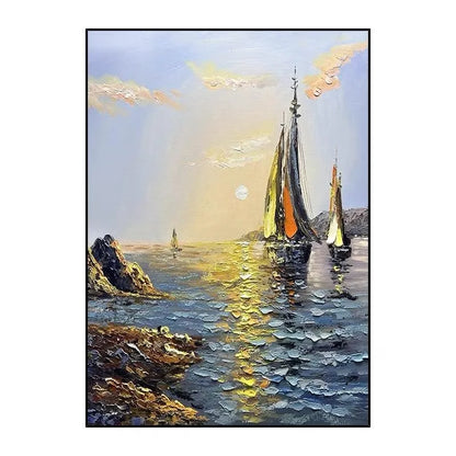 Hand-painted sea boat oil painting on canvas, unframed vertical landscape wall art for living room or bedroom.