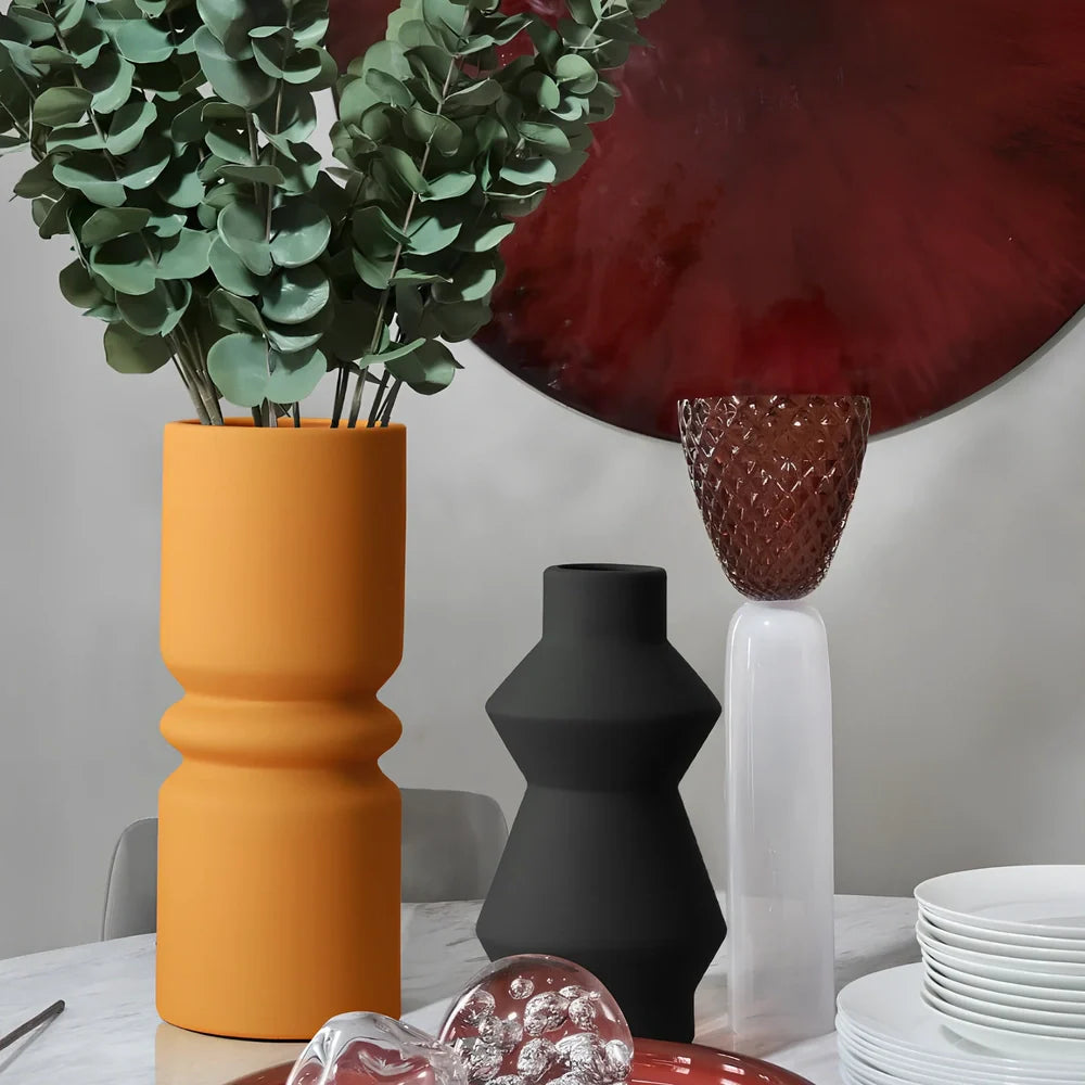 Morandi glazed ceramic geometric vase in soft colours with matte finish